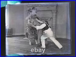 007 Antique VTG Photo Glass Negative Men Fighting Indian Costume halloween