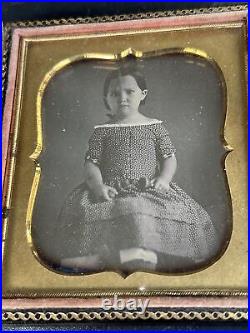 1/6 Plate Daguerreotype Of Young Girl in Polka Dot Dress Holding Ball & Cup Toy