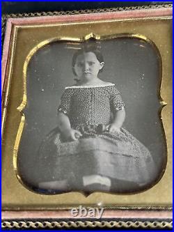 1/6 Plate Daguerreotype Of Young Girl in Polka Dot Dress Holding Ball & Cup Toy