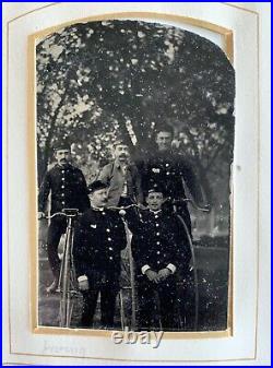 1870-1880's Tintype Photo Men in Uniform Posing with Penny Farthing Bicycles