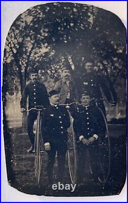 1870-1880's Tintype Photo Men in Uniform Posing with Penny Farthing Bicycles