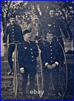 1870-1880's Tintype Photo Men in Uniform Posing with Penny Farthing Bicycles