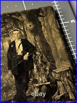 1870s Man OUTDOOR Scene Fishing Pole TREE Antique Tintype PHOTO