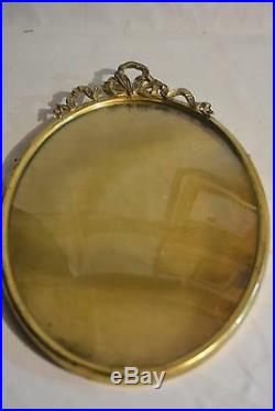 1880s Antique Vtg French Ormolu Oval Brass Convex Glass PICTURE FRAME Bow Crest