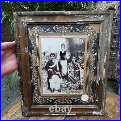 19s Rare Vintage Indian King Family Photo Wooden Emboss Framed B&W Photograph