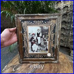 19s Rare Vintage Indian King Family Photo Wooden Emboss Framed B&W Photograph