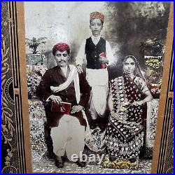 19s Rare Vintage Indian King Family Photo Wooden Emboss Framed B&W Photograph