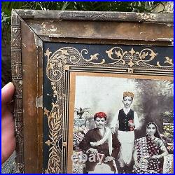 19s Rare Vintage Indian King Family Photo Wooden Emboss Framed B&W Photograph