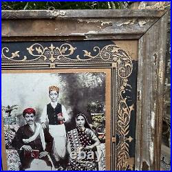 19s Rare Vintage Indian King Family Photo Wooden Emboss Framed B&W Photograph