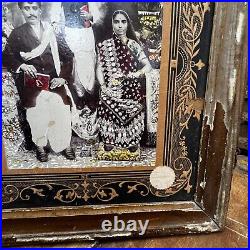 19s Rare Vintage Indian King Family Photo Wooden Emboss Framed B&W Photograph