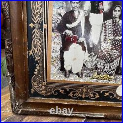 19s Rare Vintage Indian King Family Photo Wooden Emboss Framed B&W Photograph