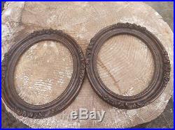 2 VTG Antique Gesso & Dark Wood Oval Picture Frames w Roses Heavy 11 X 14 Pair