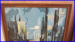 2 Vintage MCM MidCentury Modern Industrial City Scene Art Painting Picture Glass