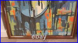 2 Vintage MCM MidCentury Modern Industrial City Scene Art Painting Picture Glass