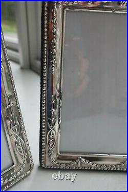 2 Vintage Sterling Silver Picture Frames Ornate Repousse England Floral Easel