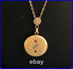 ANTIQUE USA MFB Co GOLD FILLED TWIN PHOTO LOCKET ON LONG CHAIN WITH SLIDER #6