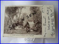 ANTIQUE VINTAGE OLD PHOTO POSTCARD with STAMPS ABORIGINAL HUMPY CAMP IN BUSH