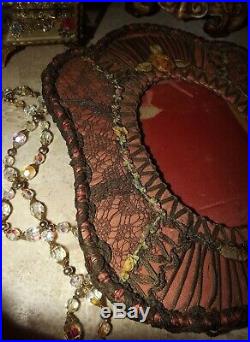 ANTIQUE Vintage French Silk Ribbonwork Metallic Lace BOUDOIR Photo FRAME 11x91/4