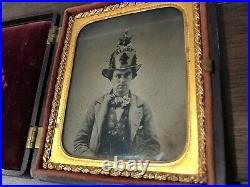 Antique 1850s Ambrotype Photo Fireman in ALERT Lion Helmet 4 HOSE + Firemen Case