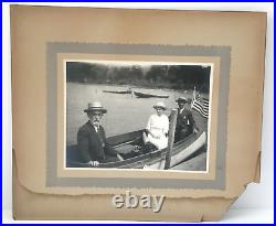 Antique 1890s Photo Black White US Flag Men Woman Boat Nautical Clothing Hats