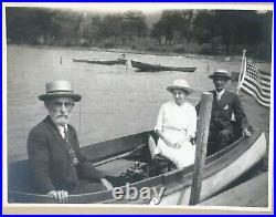 Antique 1890s Photo Black White US Flag Men Woman Boat Nautical Clothing Hats