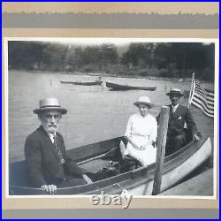 Antique 1890s Photo Black White US Flag Men Woman Boat Nautical Clothing Hats