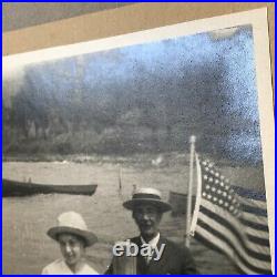 Antique 1890s Photo Black White US Flag Men Woman Boat Nautical Clothing Hats