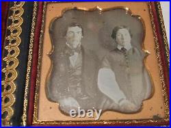 Antique 2 Daguerreotype's Husband Wife & Baby Handpainted Paper Mache Case