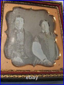 Antique 2 Daguerreotype's Husband Wife & Baby Handpainted Paper Mache Case