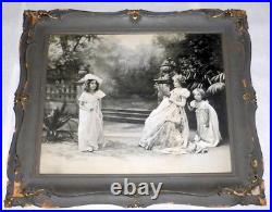 Antique 22 Large Victorian Tableau Vivant Photograph 3 Young Girls in a Garden