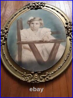 Antique 25.5 X 21.5 Inch Oval Ornate Wood Picture Frame + Chalk Child Portrait
