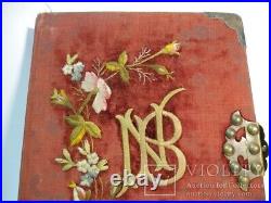 Antique Album Photos Embroidered Monogram Paper Fabric Bronze Latch Images 19th