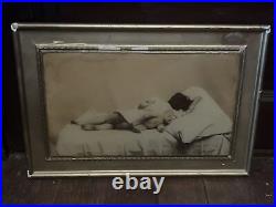 Antique Art Deco Framed Black & White Photo Child Baby Sleeping Teddy Bear Vtg