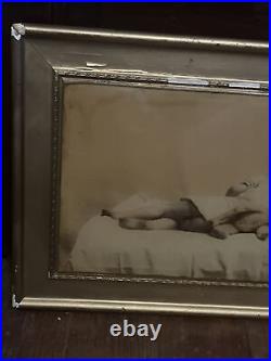 Antique Art Deco Framed Black & White Photo Child Baby Sleeping Teddy Bear Vtg