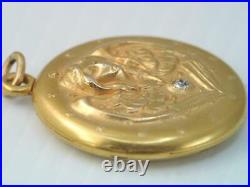 Antique Art Nouveau Solid 14k Gold & Diamond Guardian Angel Photo Locket Pendant
