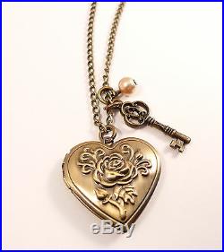 Antique Bronze Love Locket Necklace-Vintage Style Jewellery Jewelry -Heart & Key