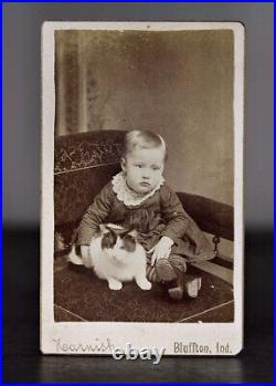 Antique CDV Photo Boy Wearing Dress Holding Cat Indiana Photographer 1800s Rare