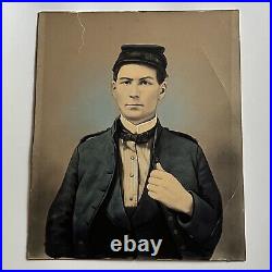 Antique Cabinet Card Photograph Man Union Soldier Folk Art Colored Tinted