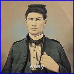 Antique Cabinet Card Photograph Man Union Soldier Folk Art Colored Tinted