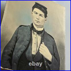 Antique Cabinet Card Photograph Man Union Soldier Folk Art Colored Tinted