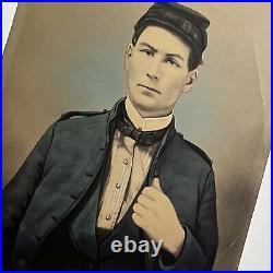 Antique Cabinet Card Photograph Man Union Soldier Folk Art Colored Tinted