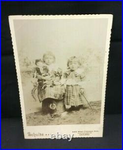 Antique Cabinet Photograph TWO YOUNG GIRLS & BABY DOLL Schultz Chicago