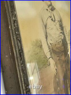 Antique Cowboy Photo Convex Glass Frame Western Rancher Photograph Vtg Chaps Hat