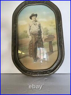 Antique Cowboy Photo Convex Glass Frame Western Rancher Photograph Vtg Chaps Hat