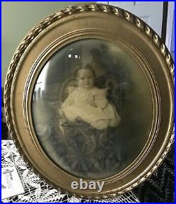 Antique Curved Bubble Glass Convex Picture Frame and Photo of Little Girl 22 x18