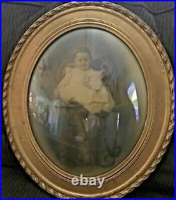 Antique Curved Bubble Glass Convex Picture Frame and Photo of Little Girl 22 x18