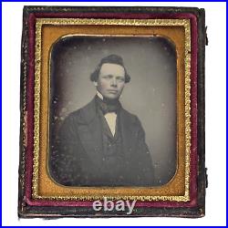 Antique Daguerreotype Photo Handsome Man Tinted 1/6 Plate Half Case Hair Fashion