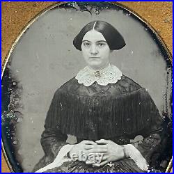 Antique Daguerreotype Photograph Beautiful Young Woman Fringe Dress Lace Cross