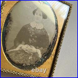 Antique Daguerreotype Photograph Beautiful Young Woman Fringe Dress Lace Cross