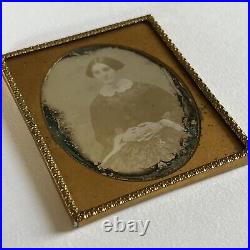 Antique Daguerreotype Photograph Beautiful Young Woman Fringe Dress Lace Cross